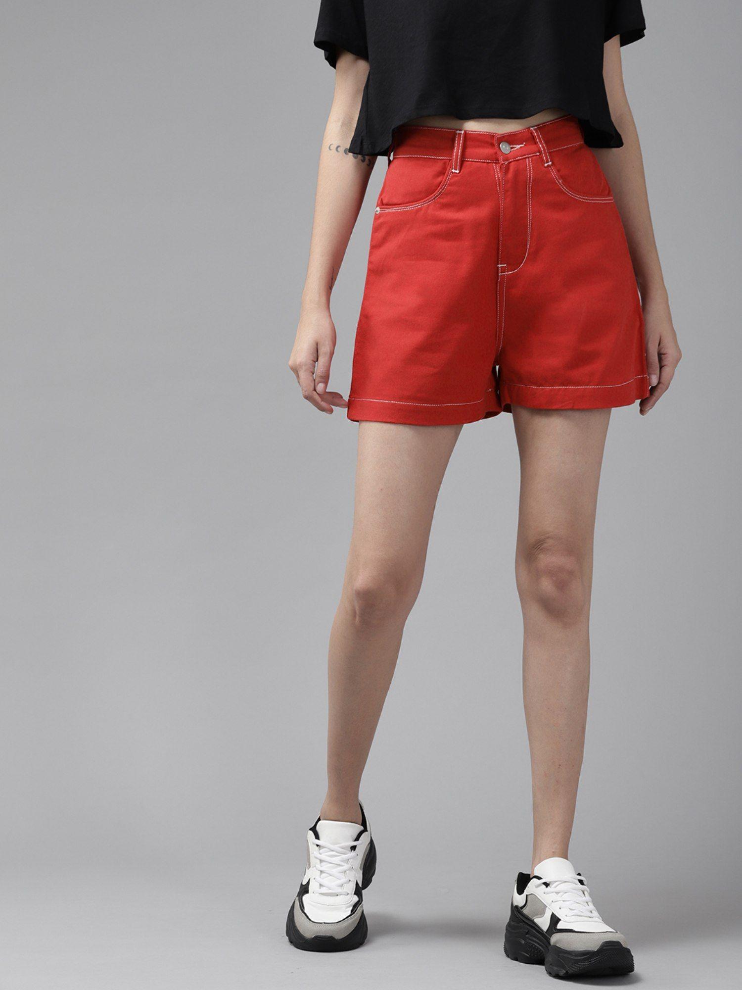 red high-rise outdoor denim shorts