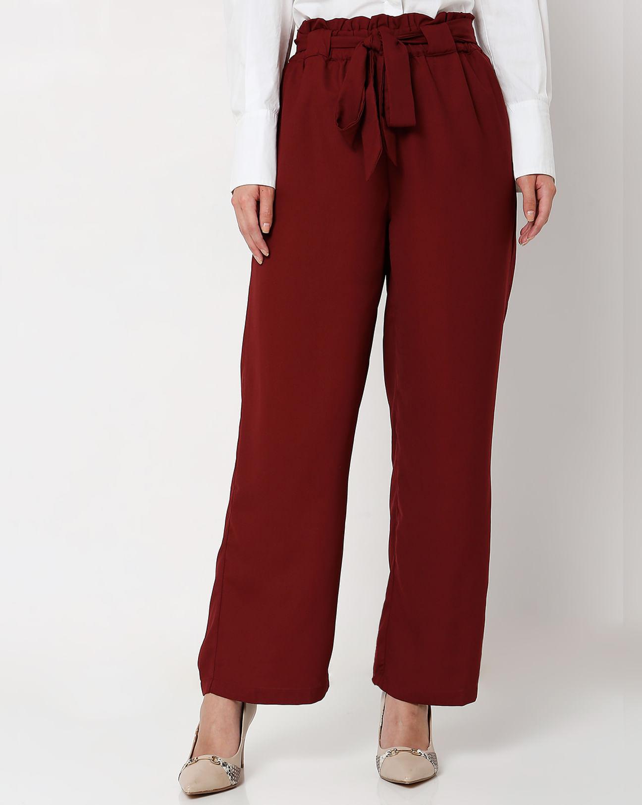 red high rise paperbag waist pants