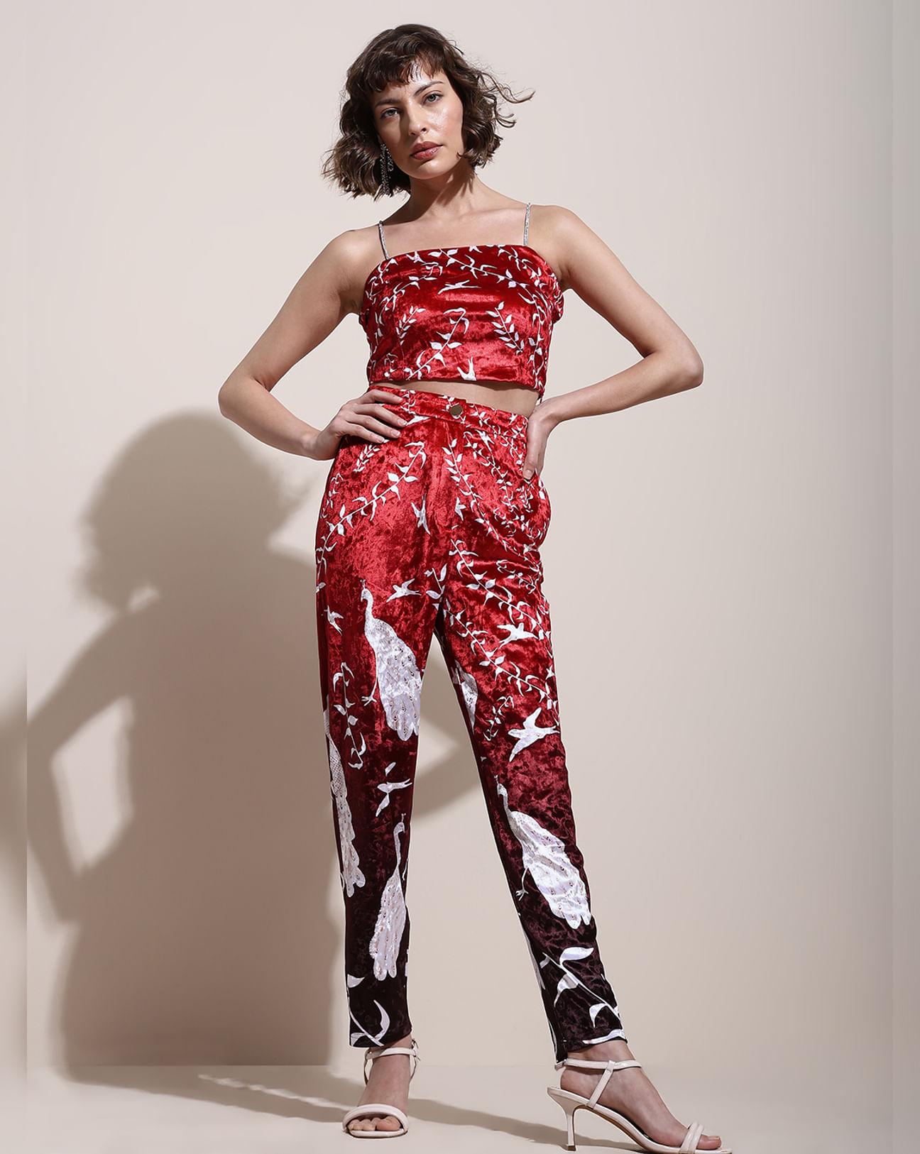 red high rise printed velvet pants