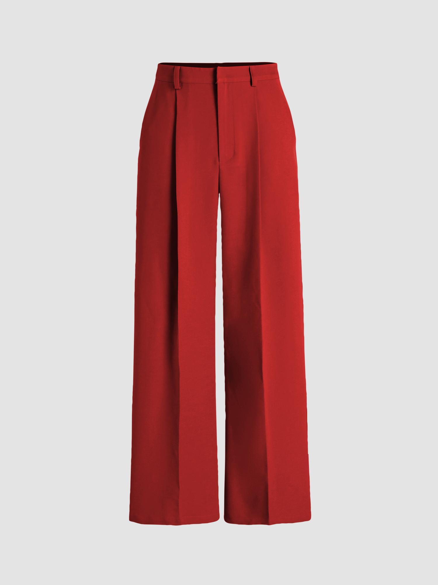 red high waist pleated wide leg pant