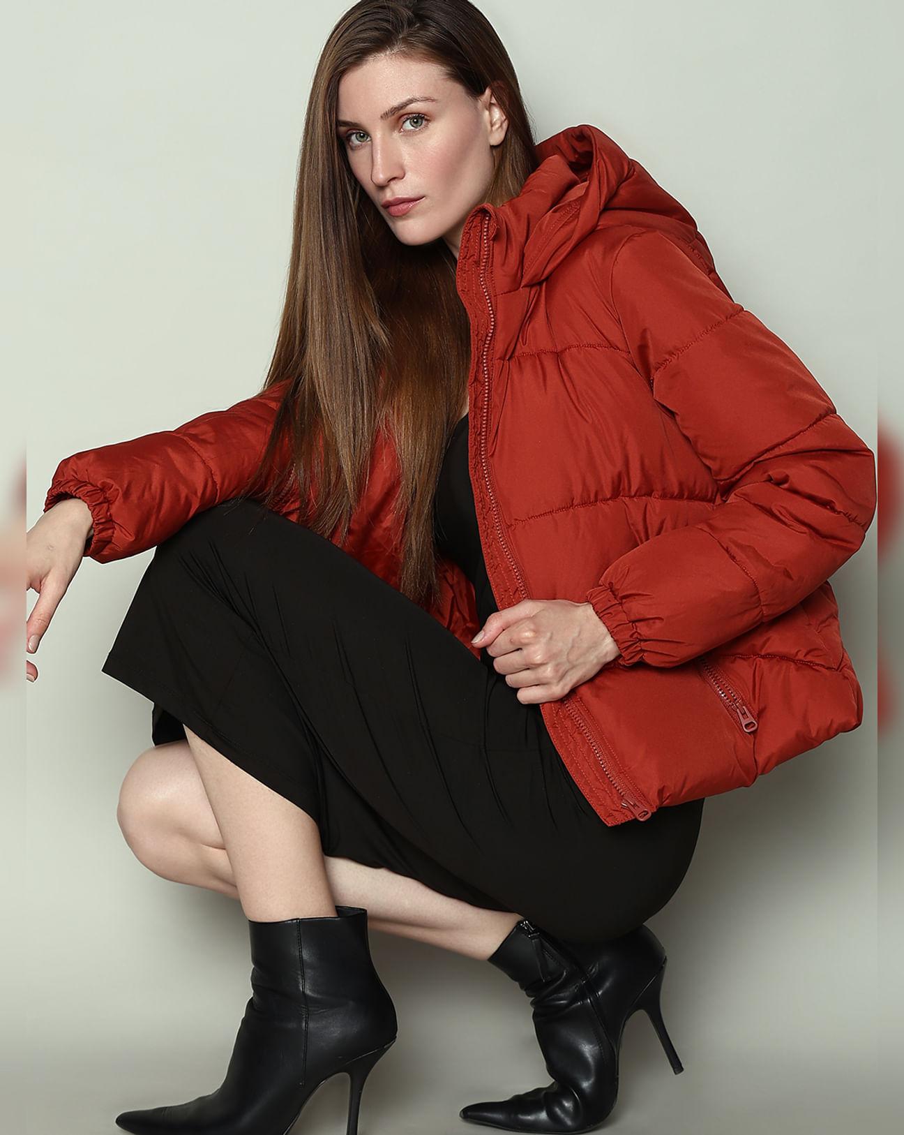 red hooded short puffer jacket