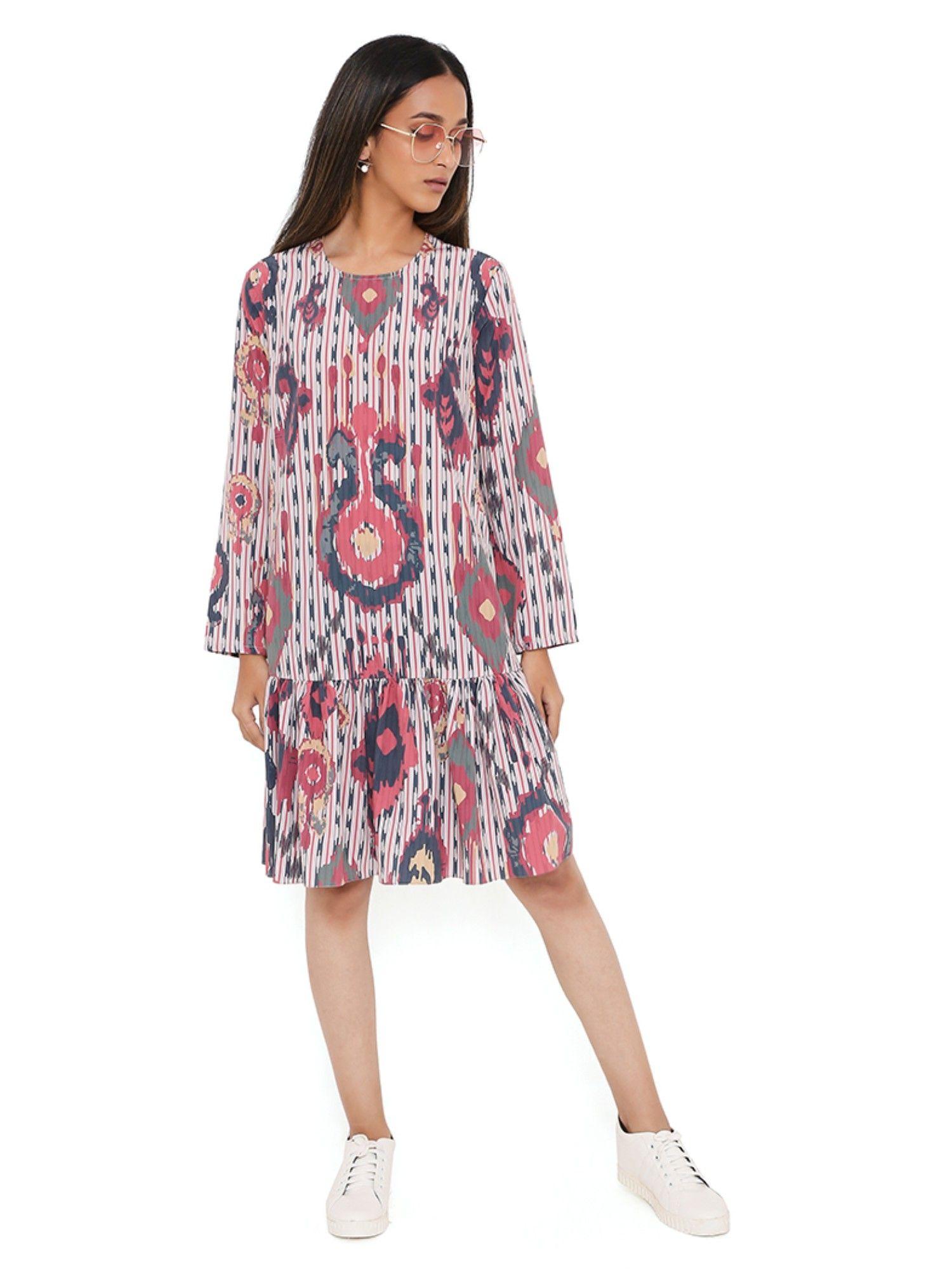 red ikat tribe print art crepe frill hem dress