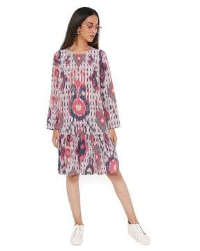 red ikat tribe print art crepe frill hem tunic