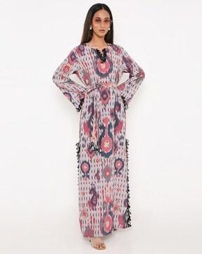 red ikat tribe print art crepe long beyza kaftan