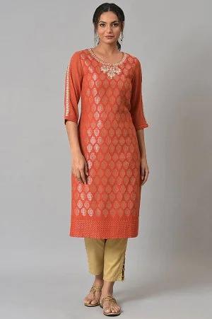 red jacquard kurta with embroidery