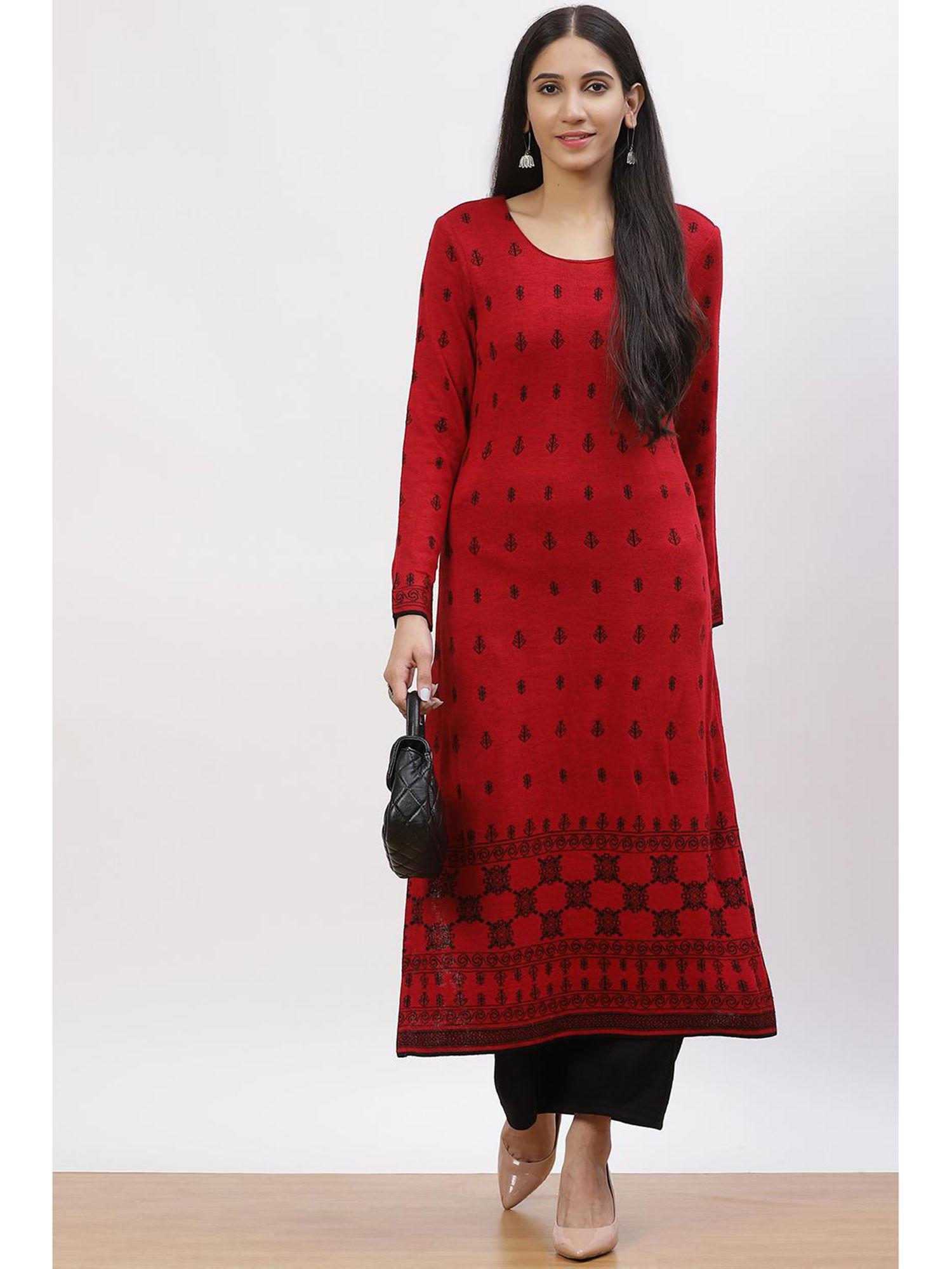 red jacquard straight kurta