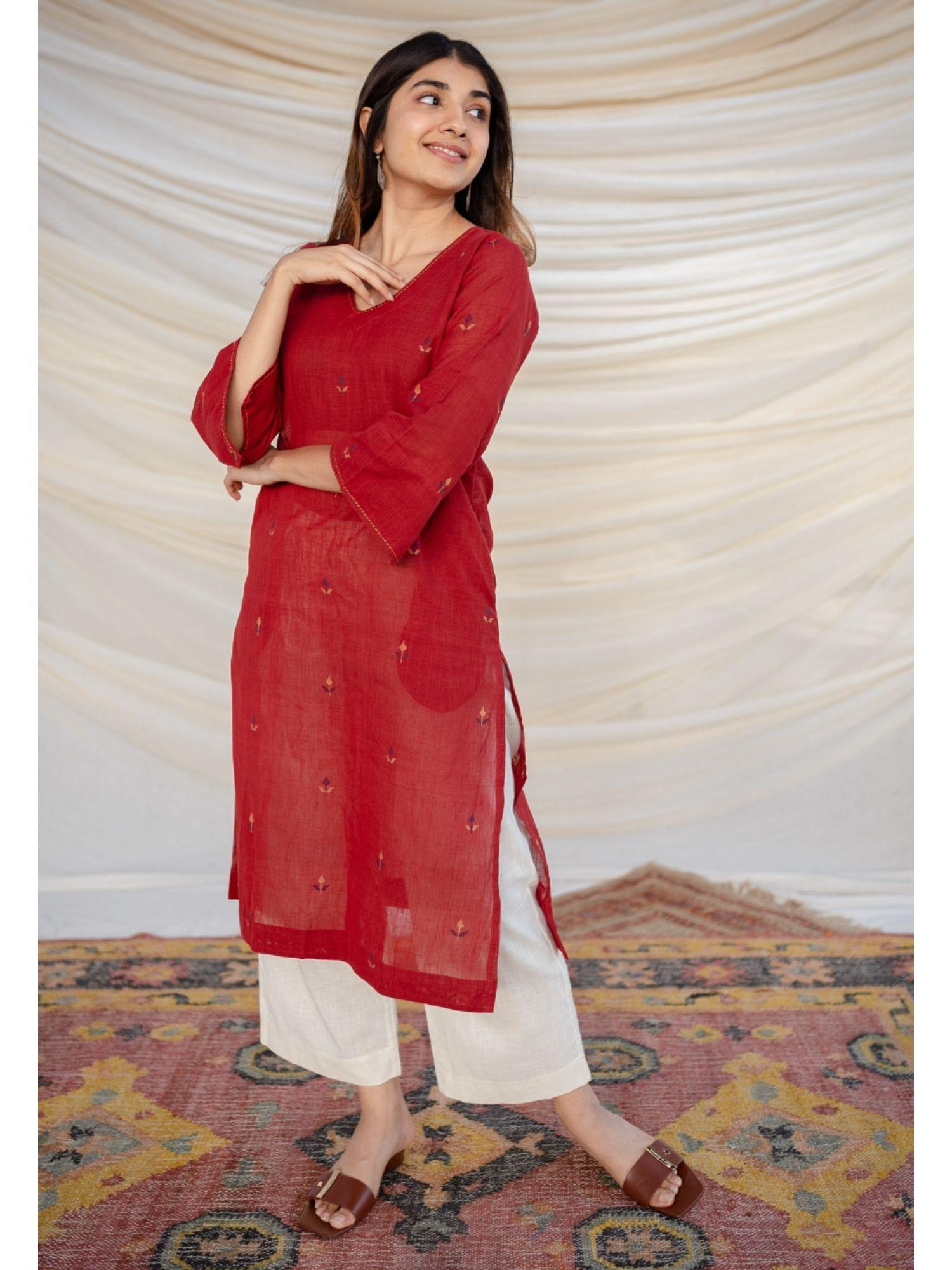 red jamdani cotton kurta