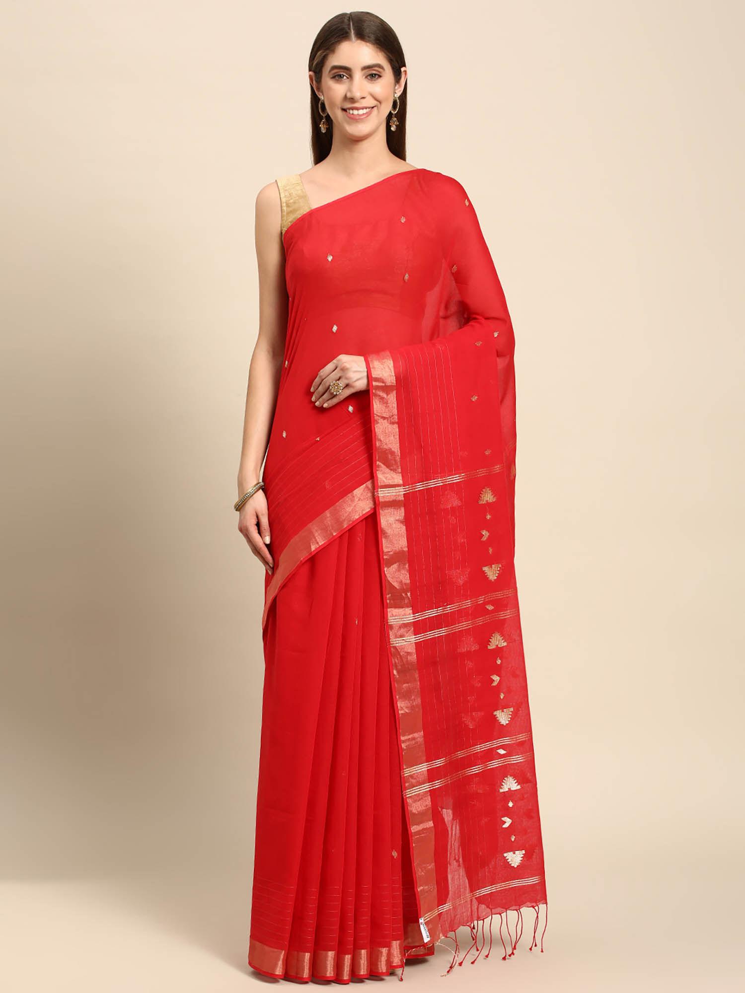 red jamdani cotton saree with unstitched blouse