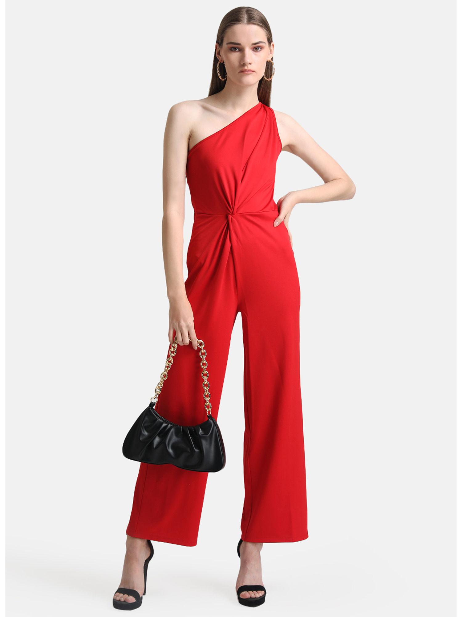 red jumpsuit with knot detail at waist