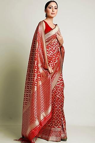 red kadhwa jangla saree set