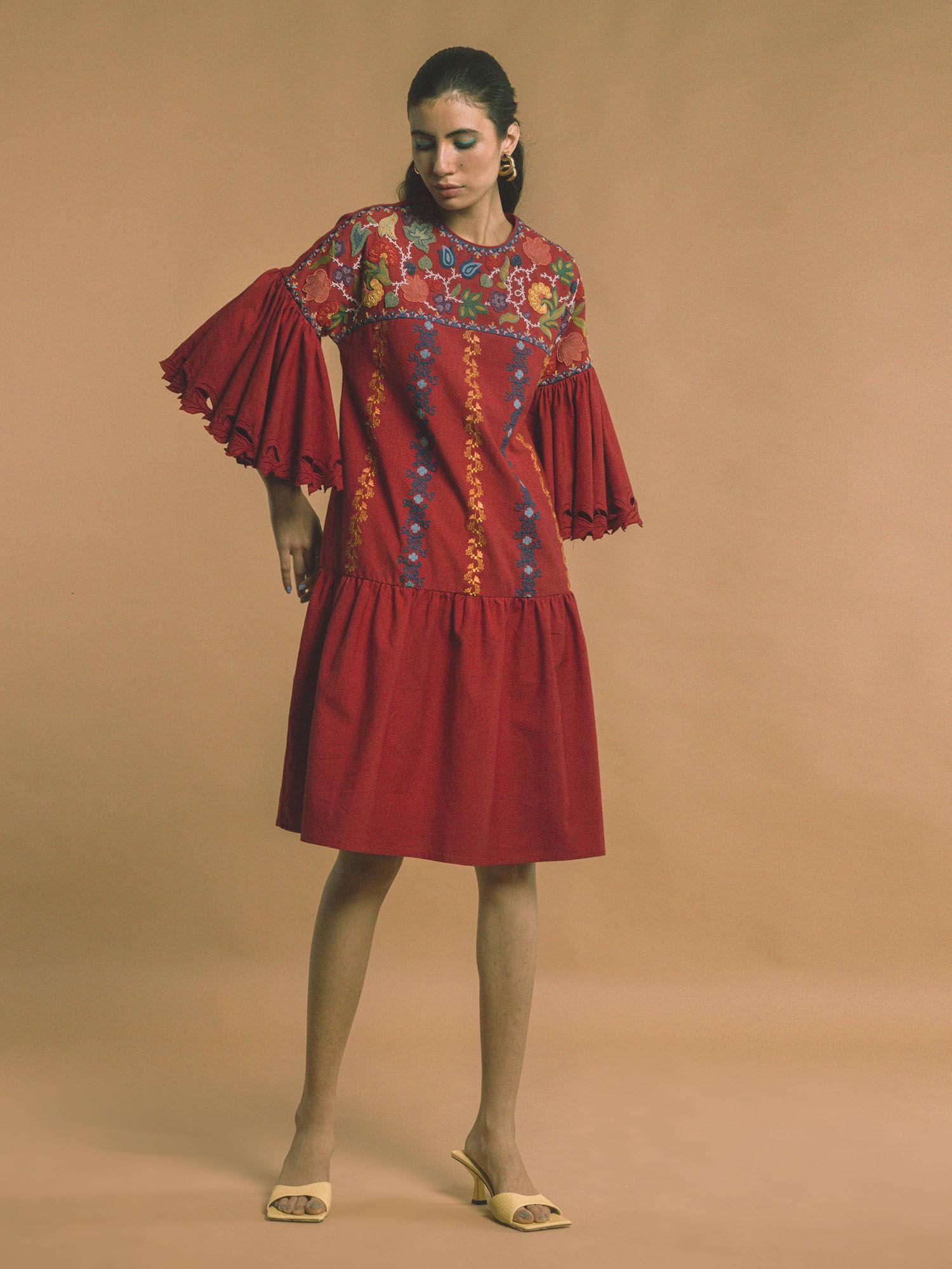 red kala cotton embroidered dress