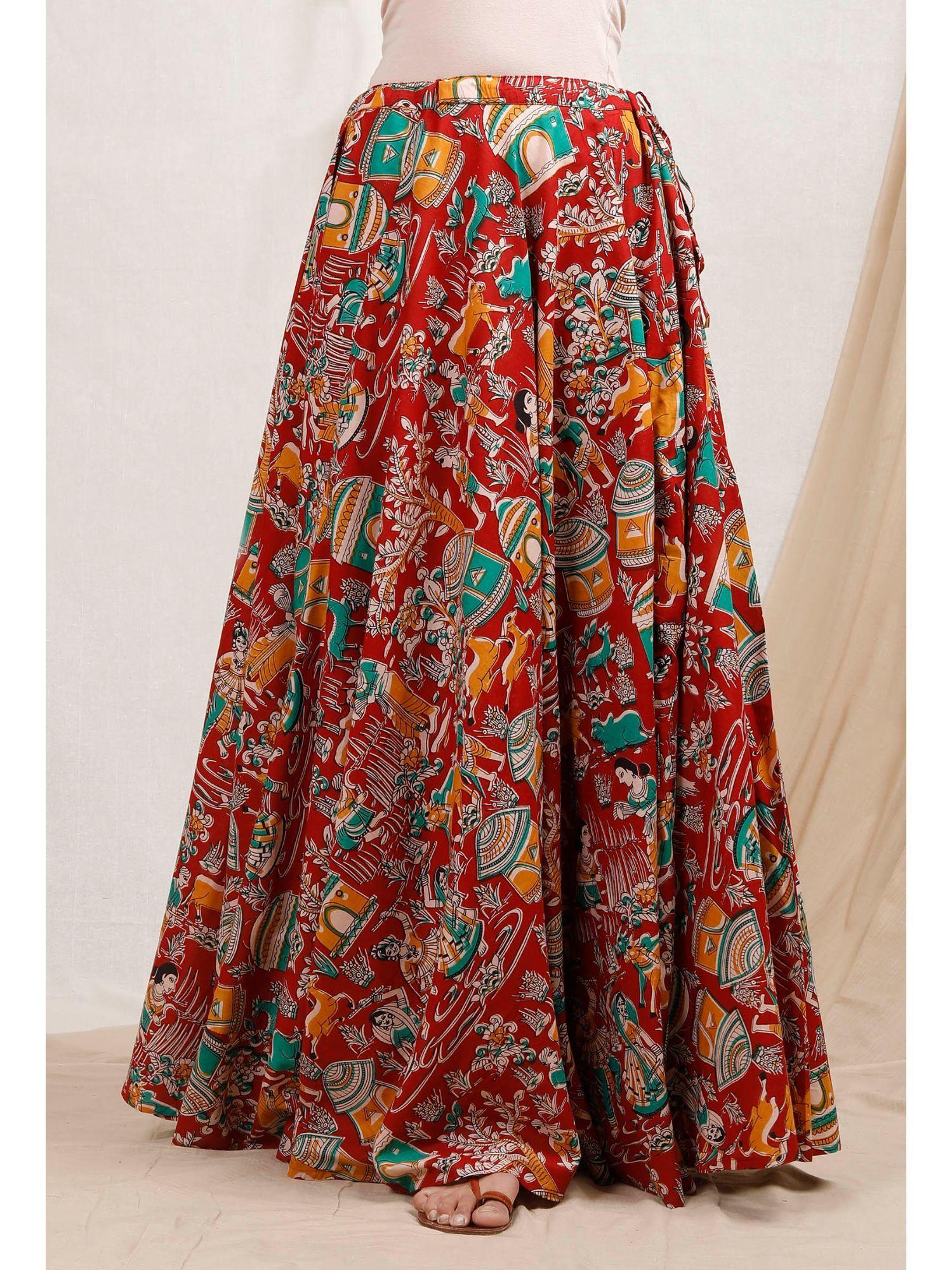 red kalamkari cotton skirt