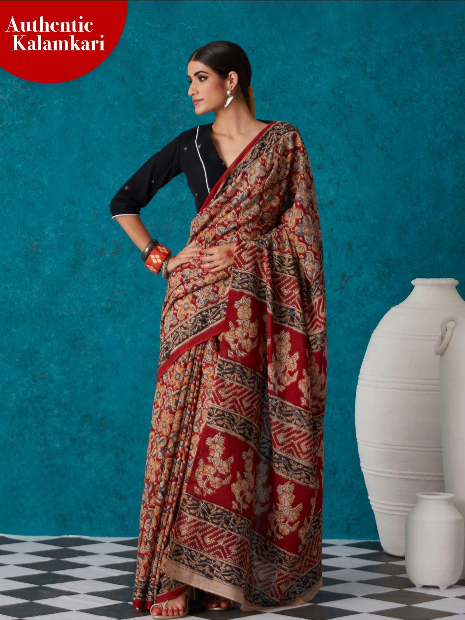 red kalamkari hand block printed saree with unstitched blouse