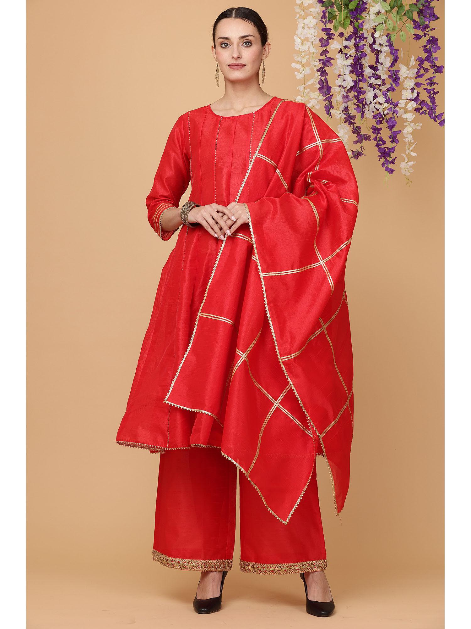 red kalidar kurta palazzo with dupatta (set of 3)