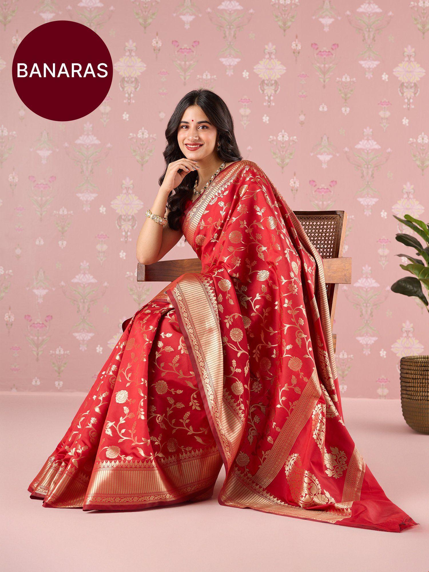 red karigar korner banarasi silk gold zari work saree with unstitched blouse likkksar08