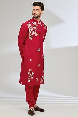 red katan applique embroidered kurta set