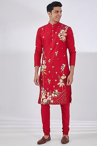 red katan applique embroidered kurta set