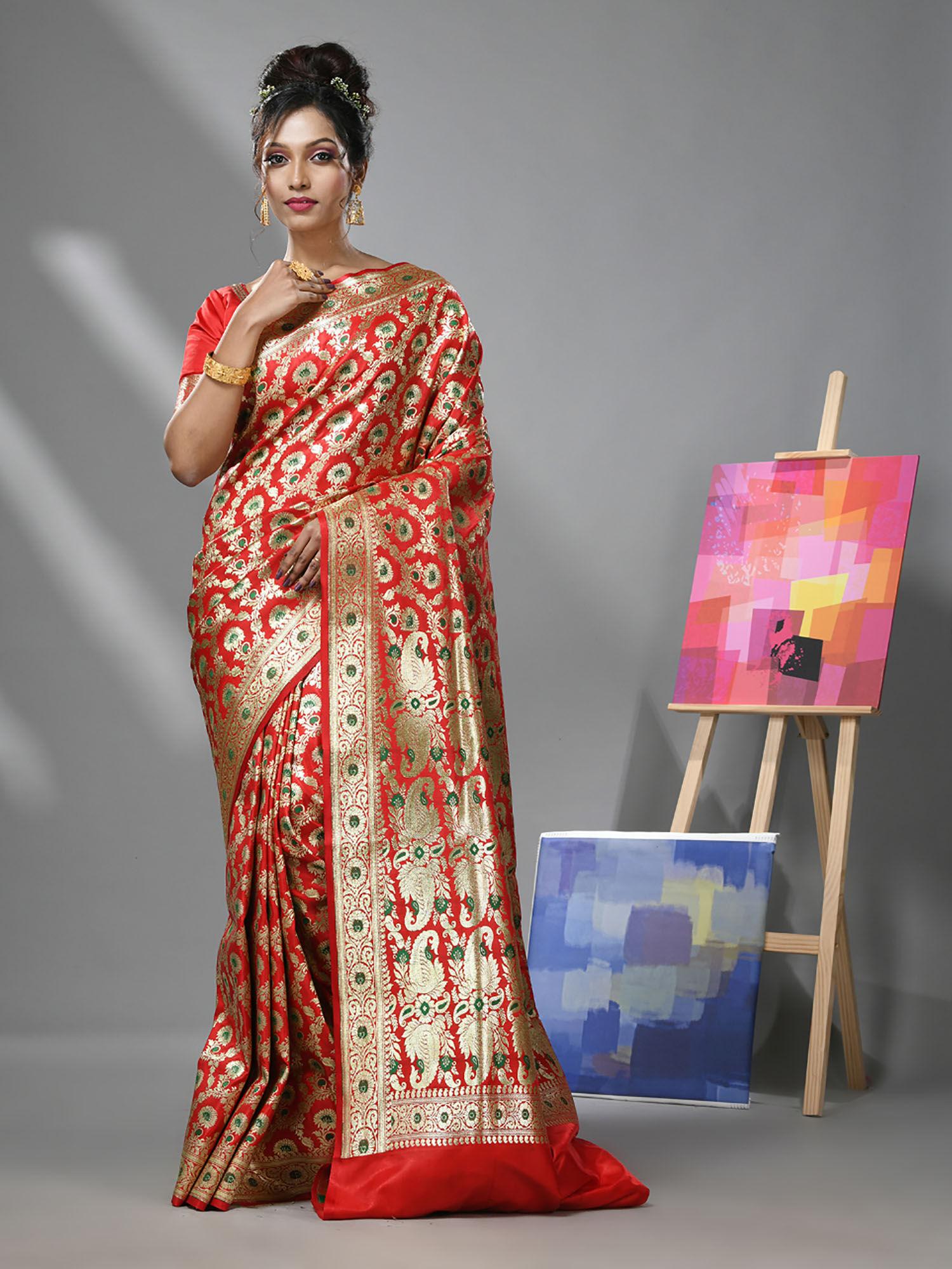 red katan silk banarasi saree with meena designs & unstitched blouse