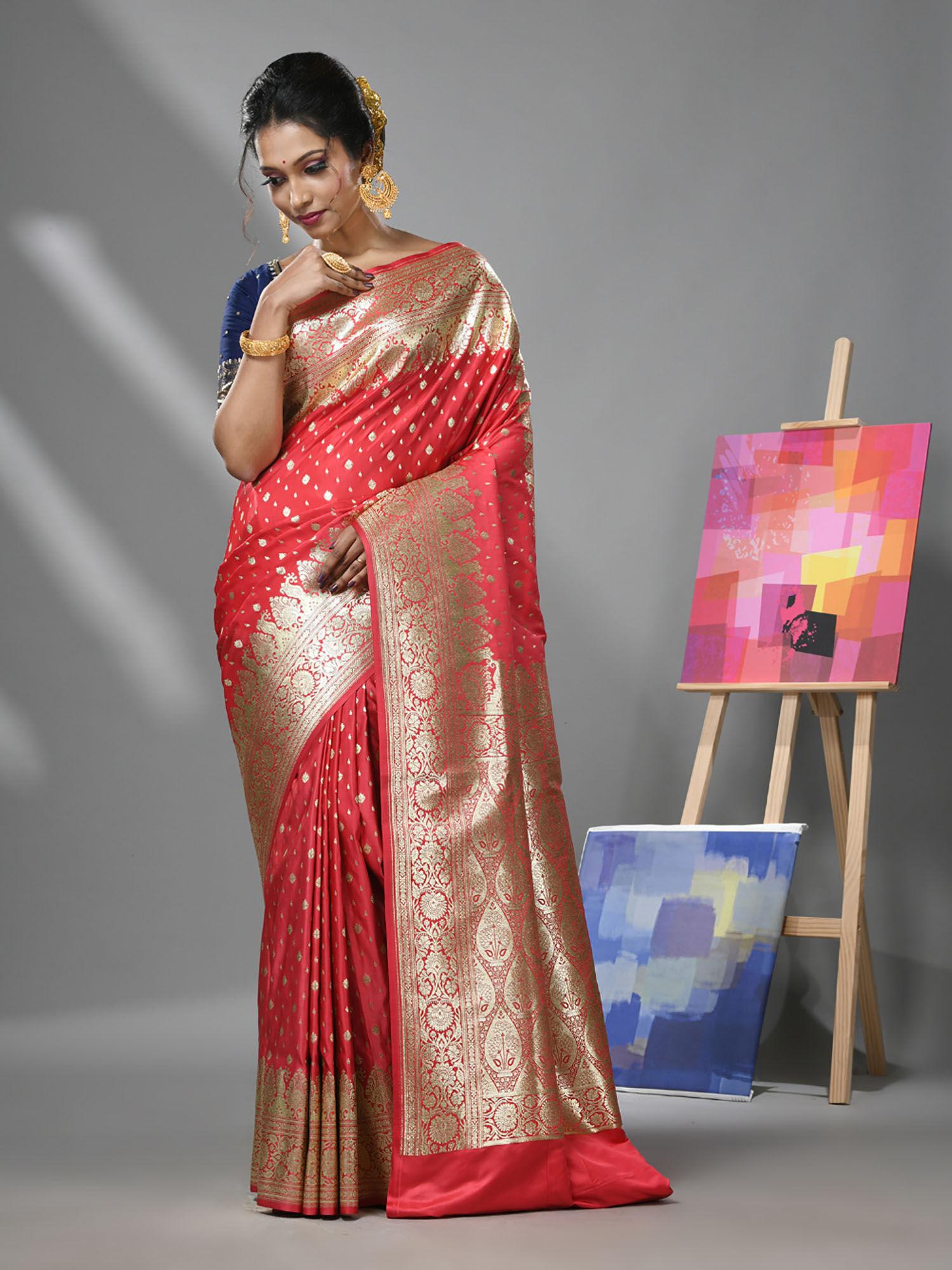 red katan silk banarasi saree with zari woven designs & unstitched blouse