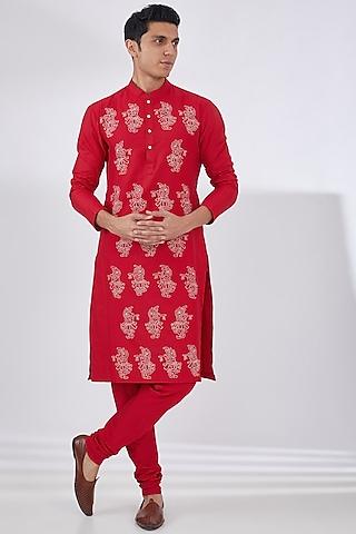 red katan thread embroidered kurta set