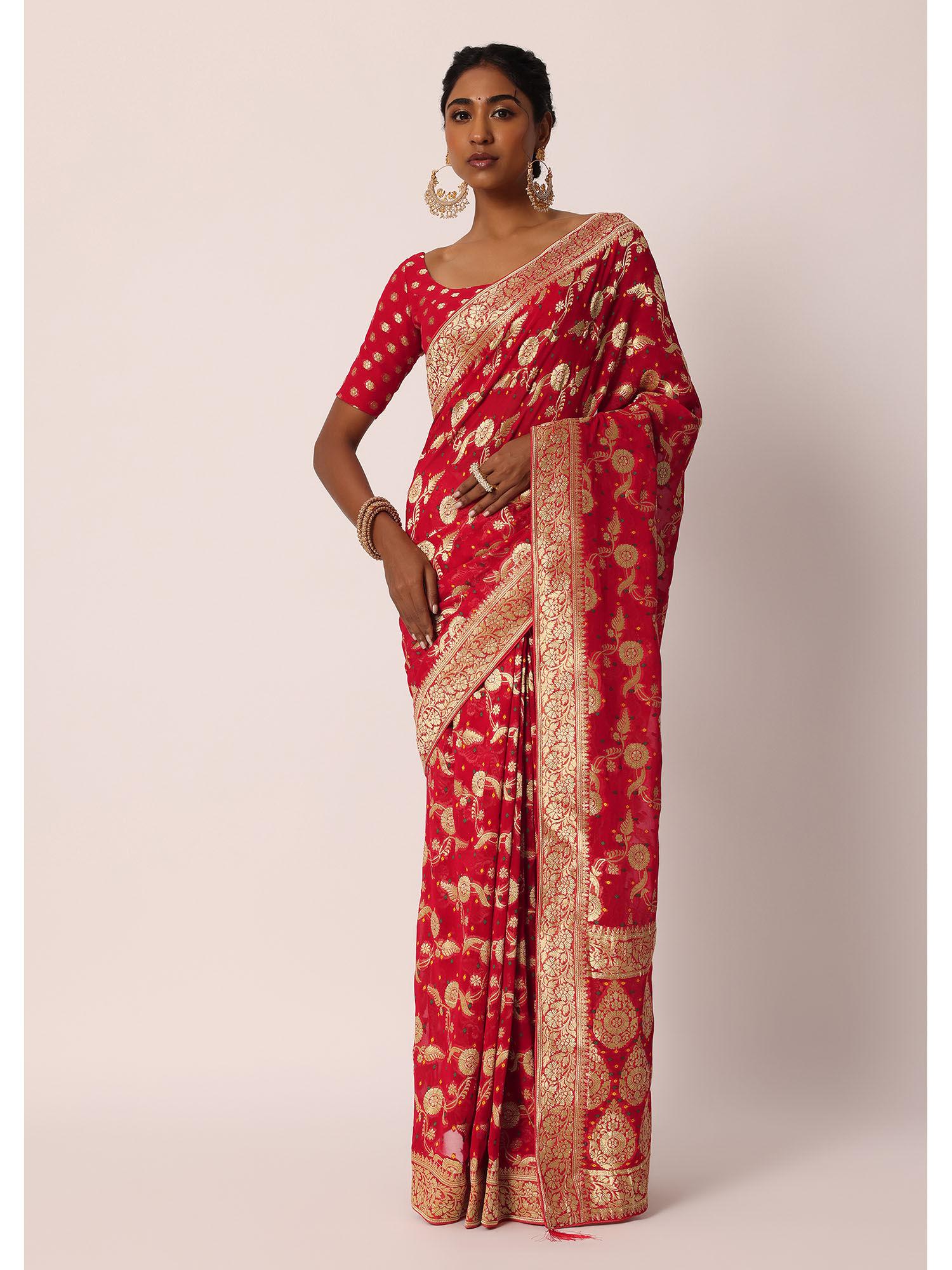 red khadi gota patti banarasi saree with unstitched blouse