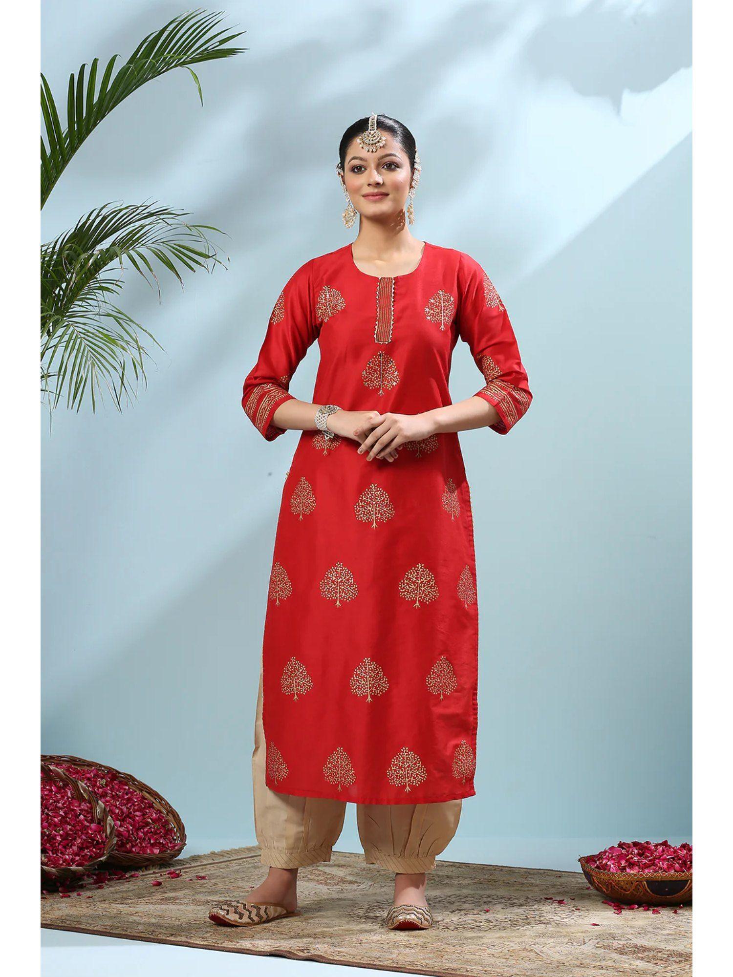 red khari printed cotton silk kurta