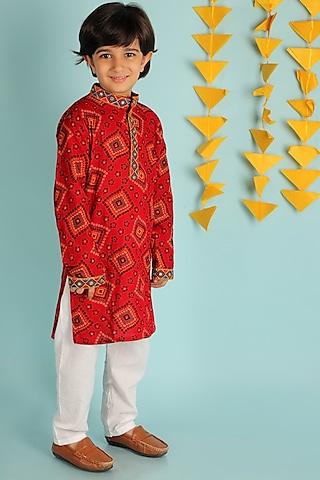 red kurta set with embroidery for boys