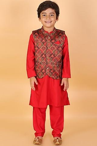 red kurta set with nehru jacket for boys