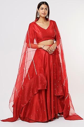 red lehenga set in chanderi