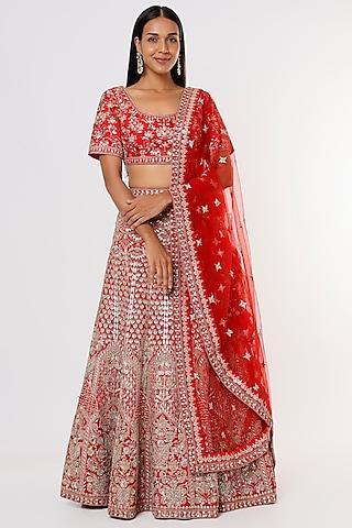 red lehenga set with embroidery