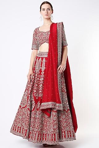 red lehenga set with zardosi embroidery