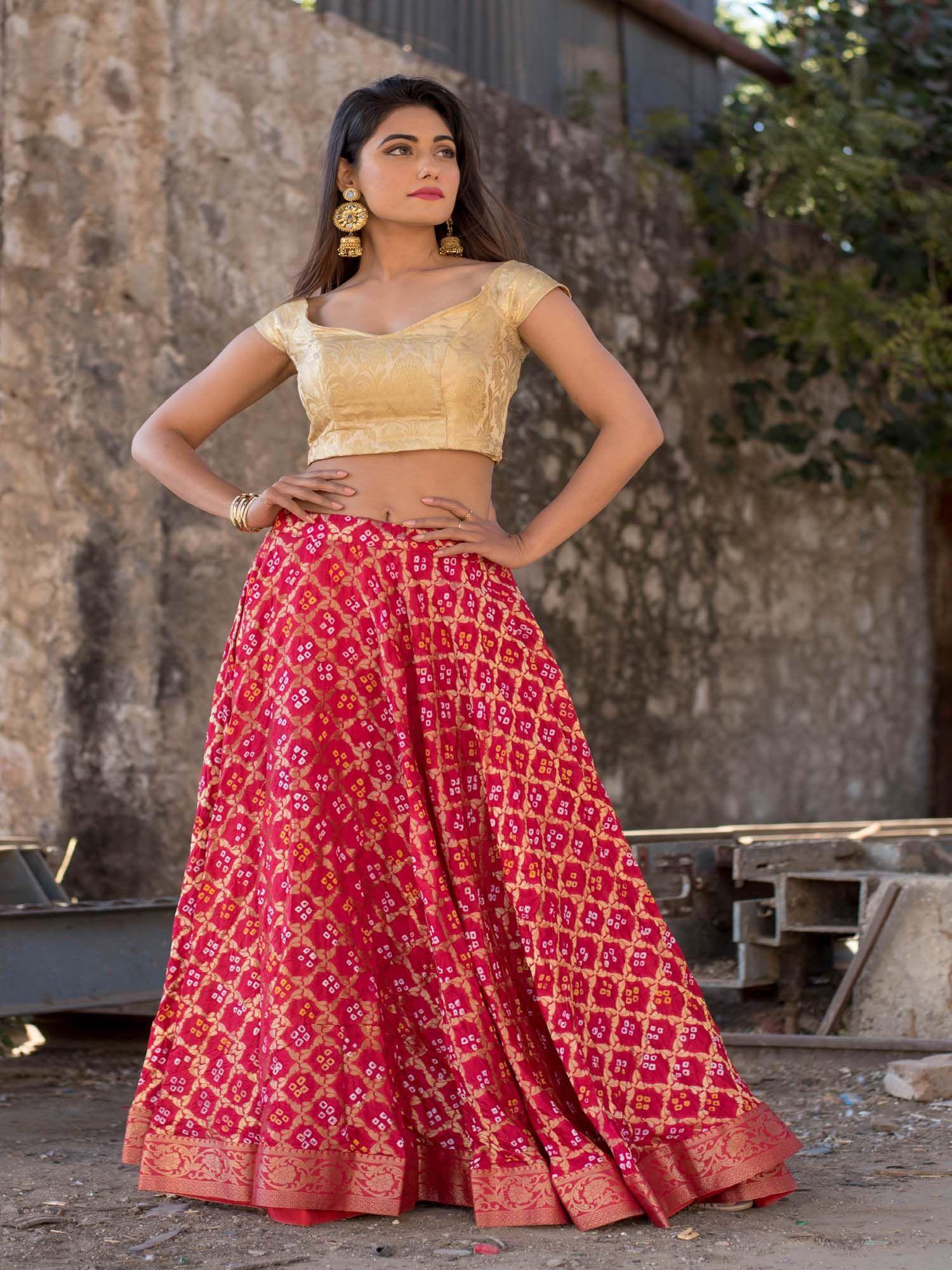 red lehenga with banarasi off shoulder blouse