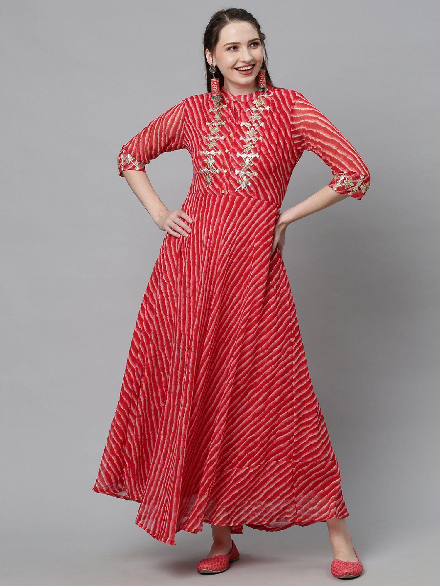 red leheriya embroidered a-line flared maxi dress