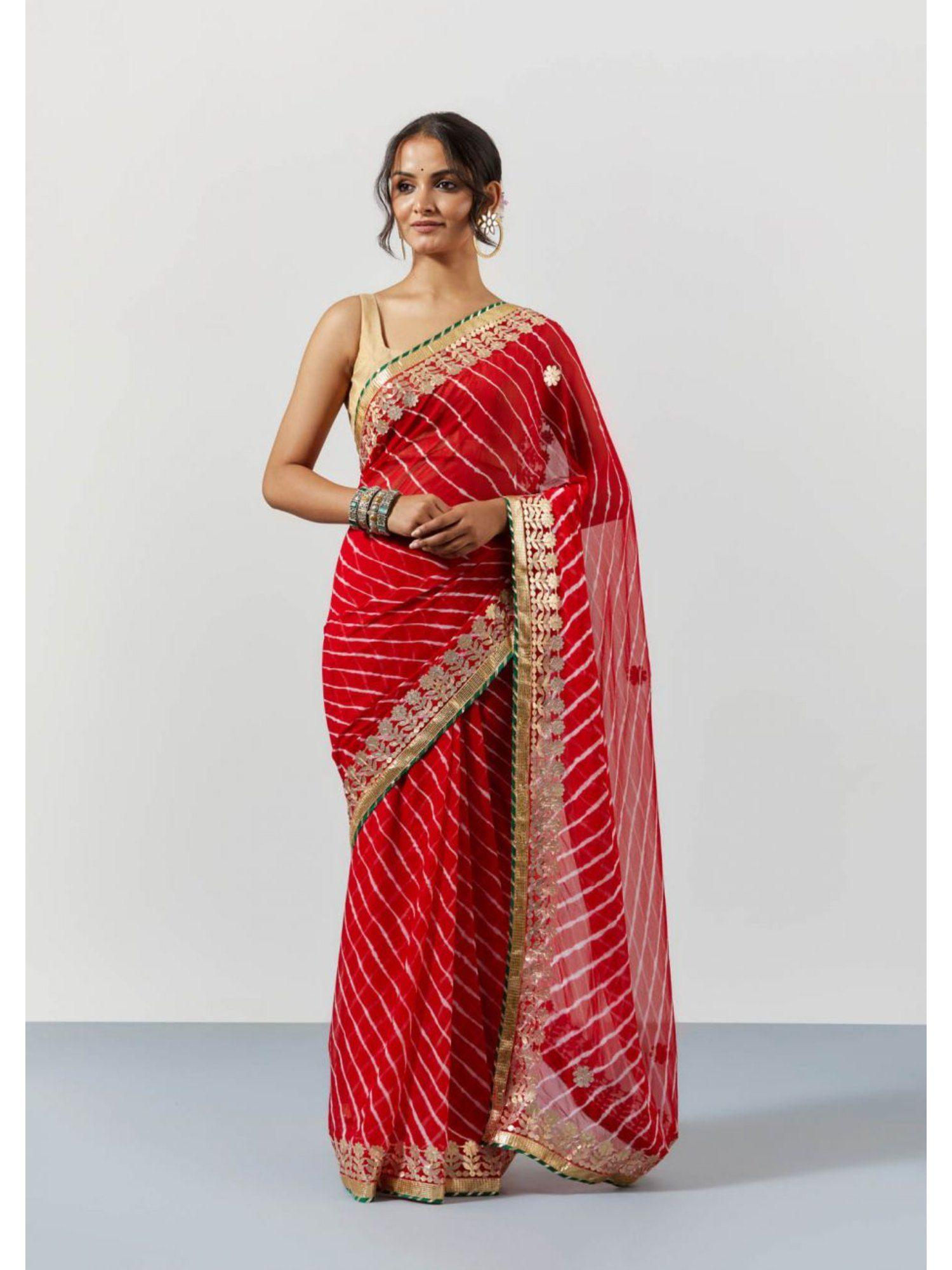 red leheriya stripes gota patti saree with unstitched blouse