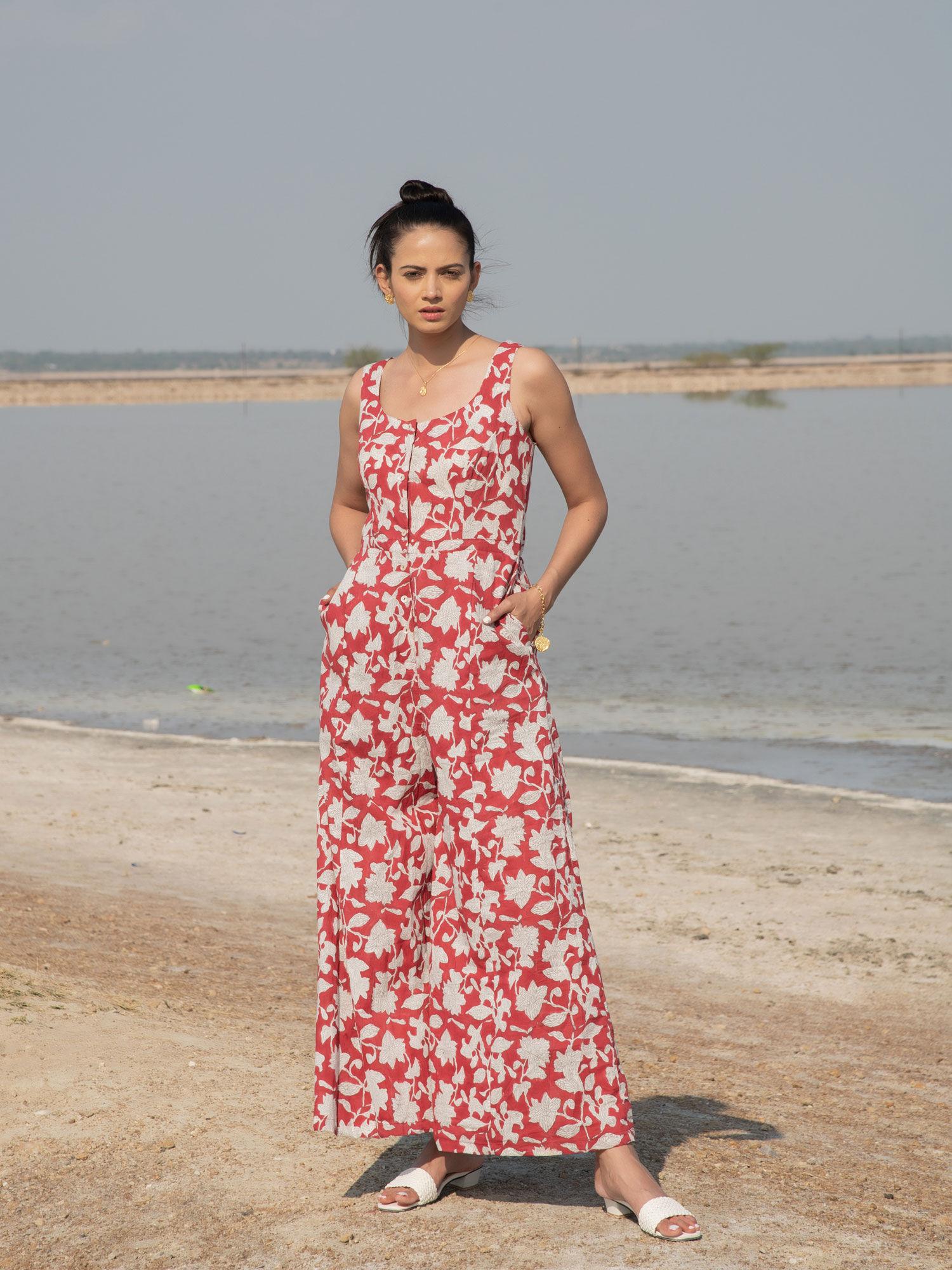 red lilies hand block printed cotton jumpsuit