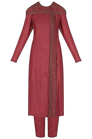 red linear design embroidered kurta set