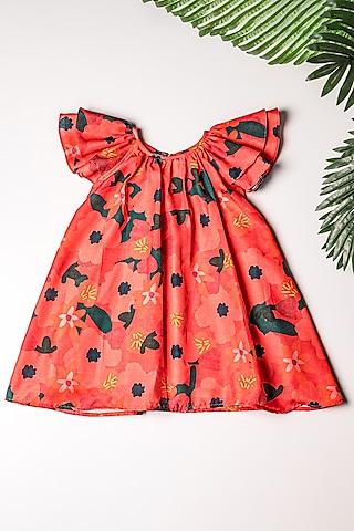 red linen abstract printed dress for girls