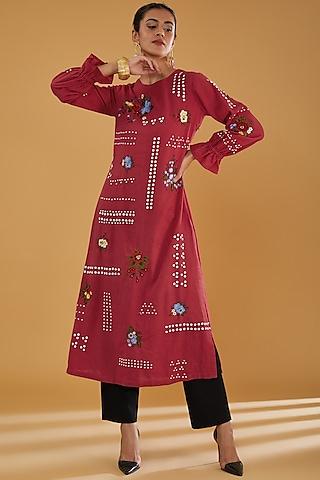 red linen applique work tunic