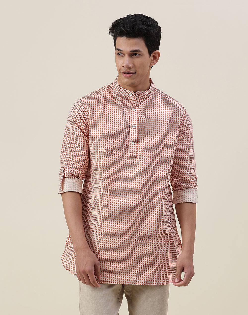 red linen blend printed slim fit short kurta