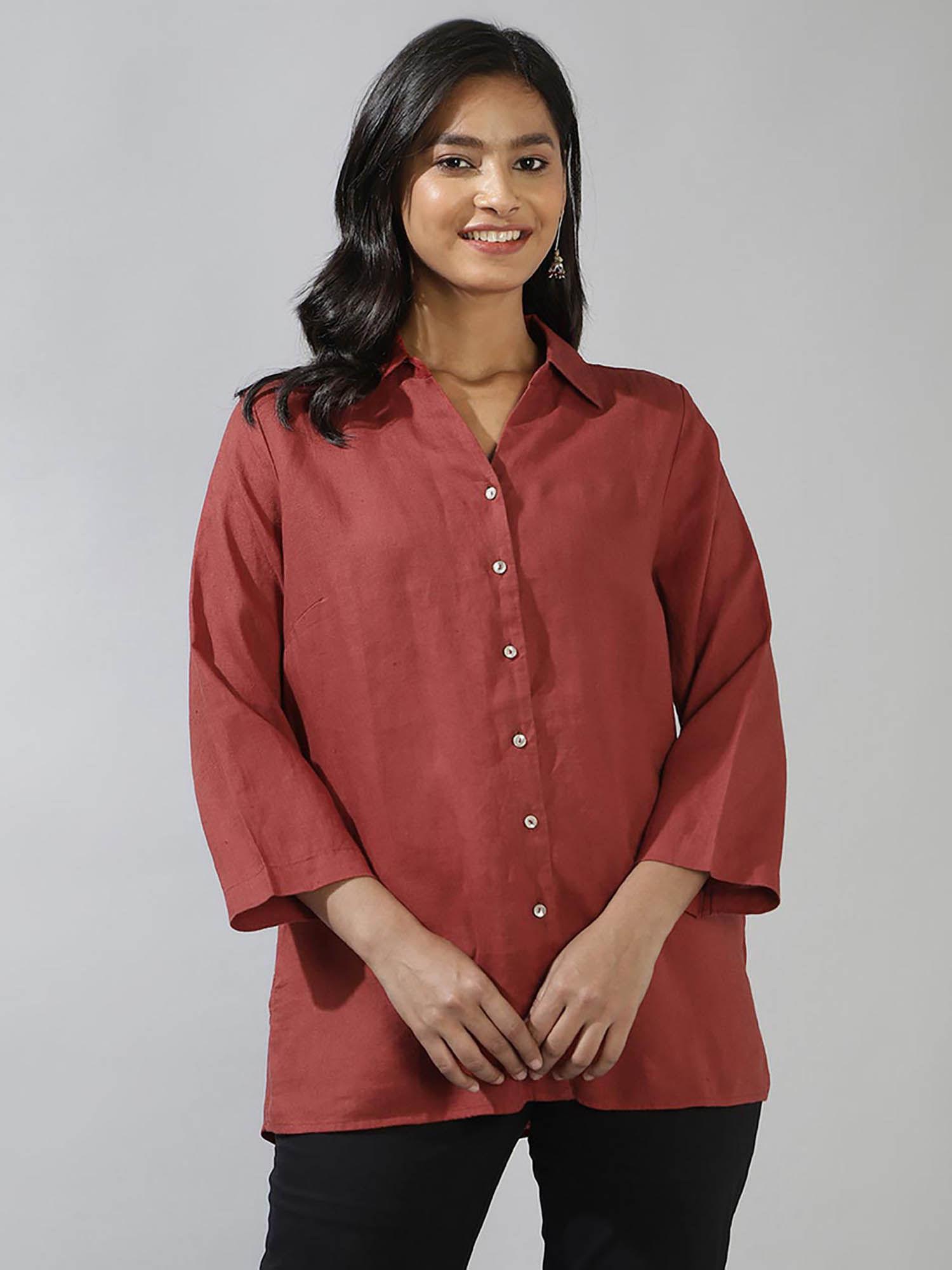 red linen curved shirt