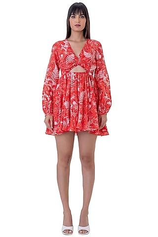 red linen floral printed mini dress