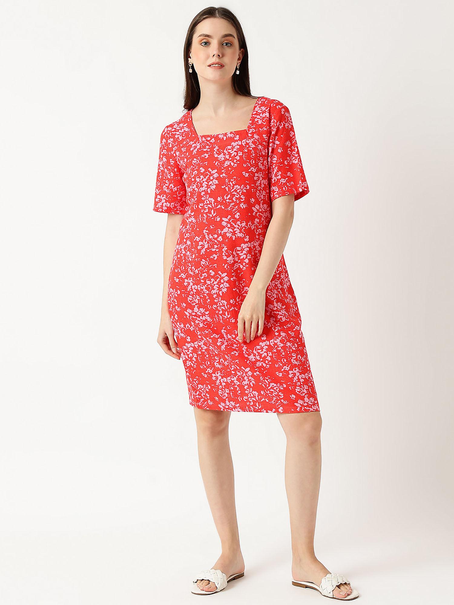 red linen mix floral square neck dress