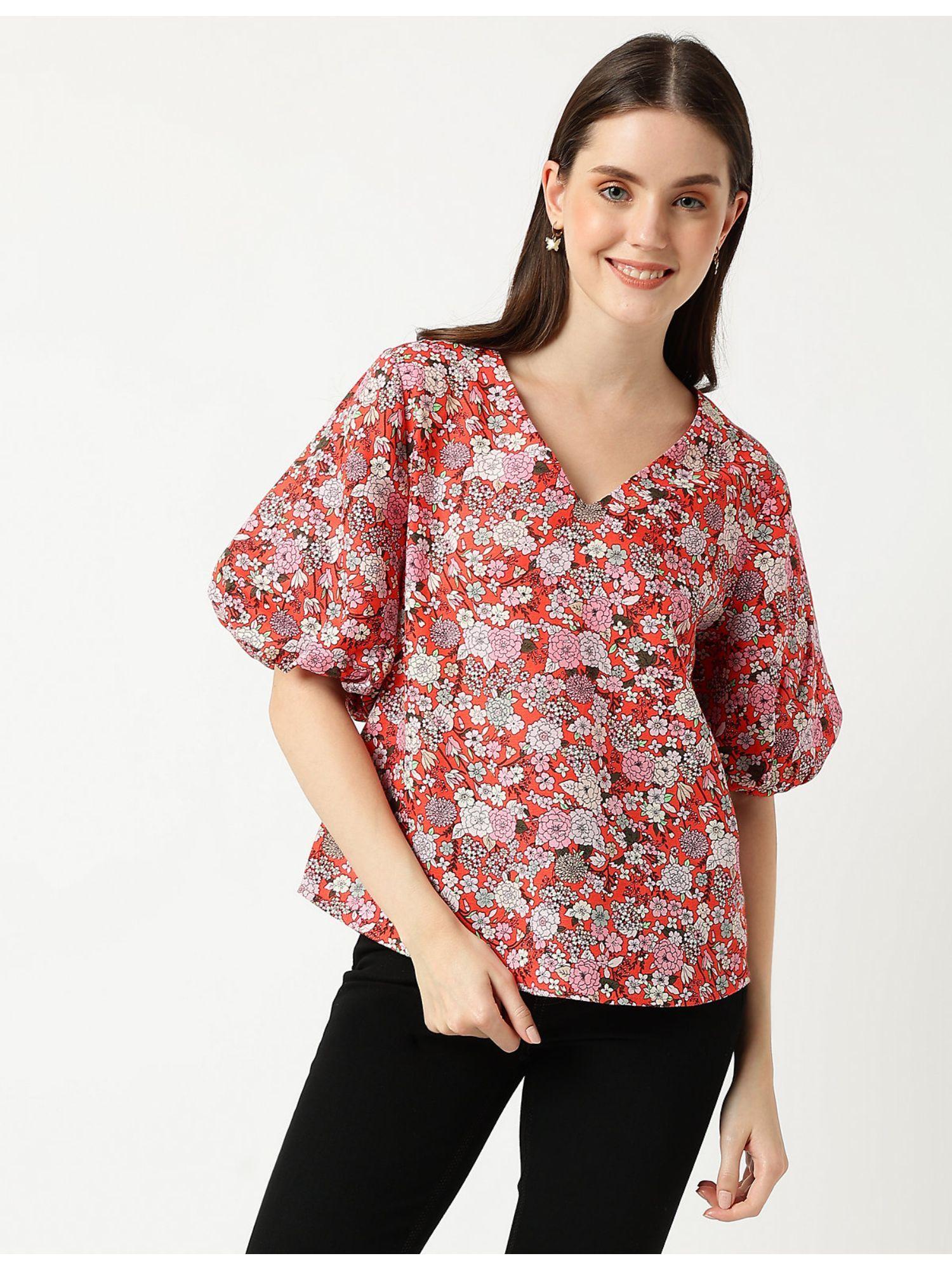 red linen mix floral v-neck top