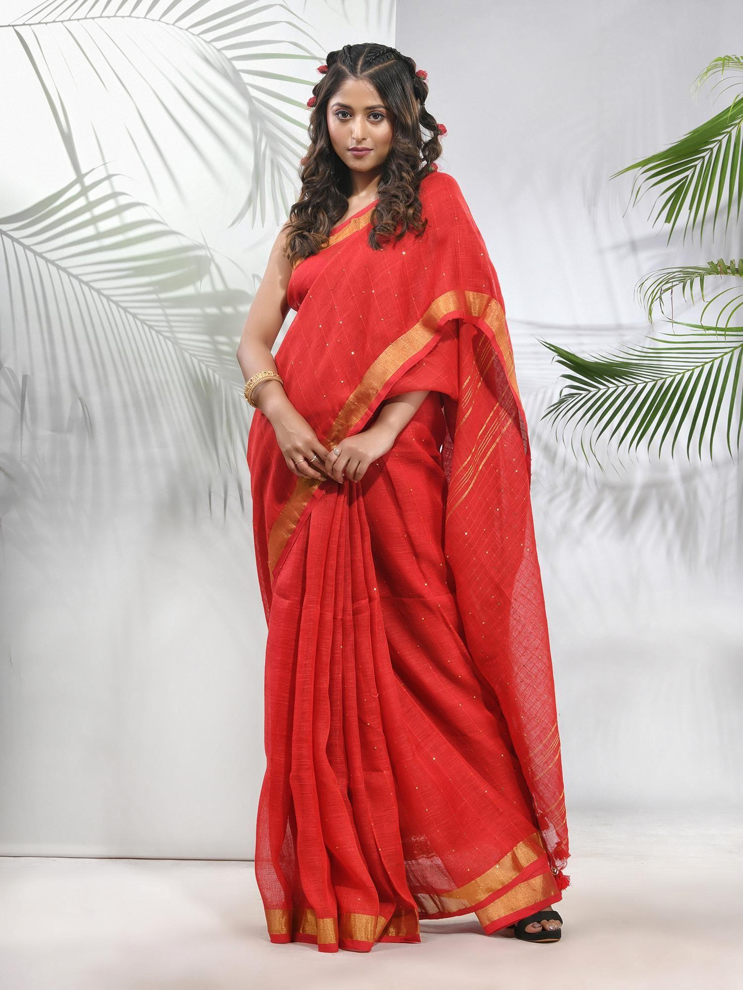 red linen saree with sequined work in stripes pallu with unstitched blouse