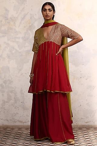 red linen satin & organza hand embroidered kurta set