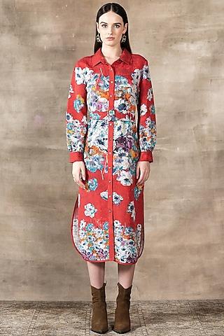 red linen viscose blend printed shirt dress