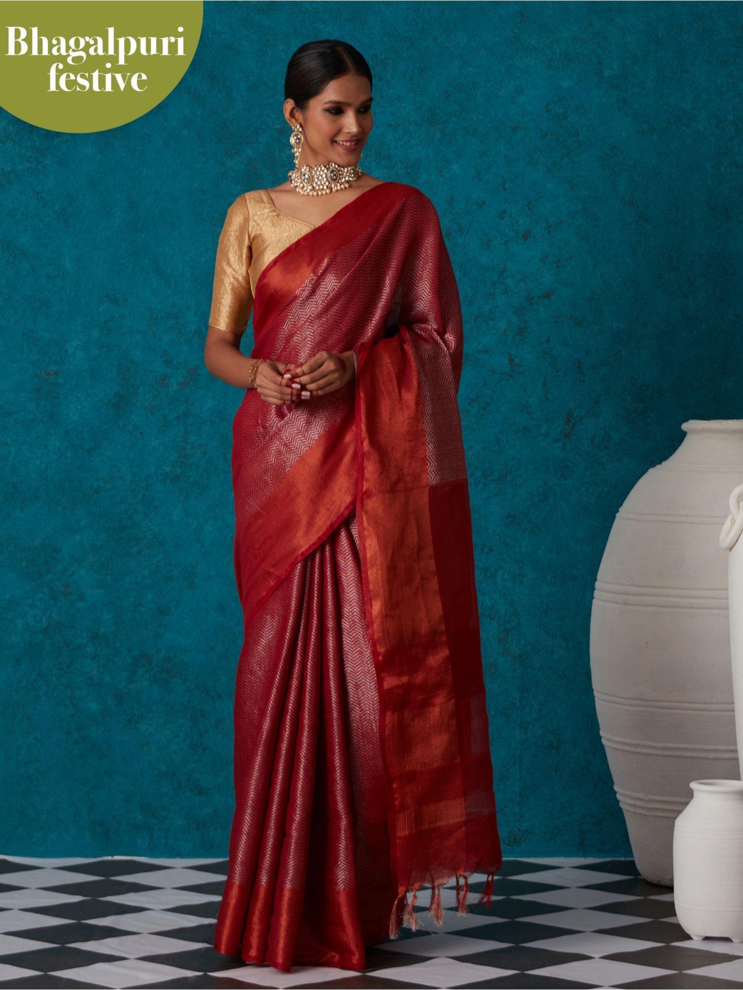 red linen woven bhagalpuri festive zari saree & unstitched blouse liksar53 (free size)