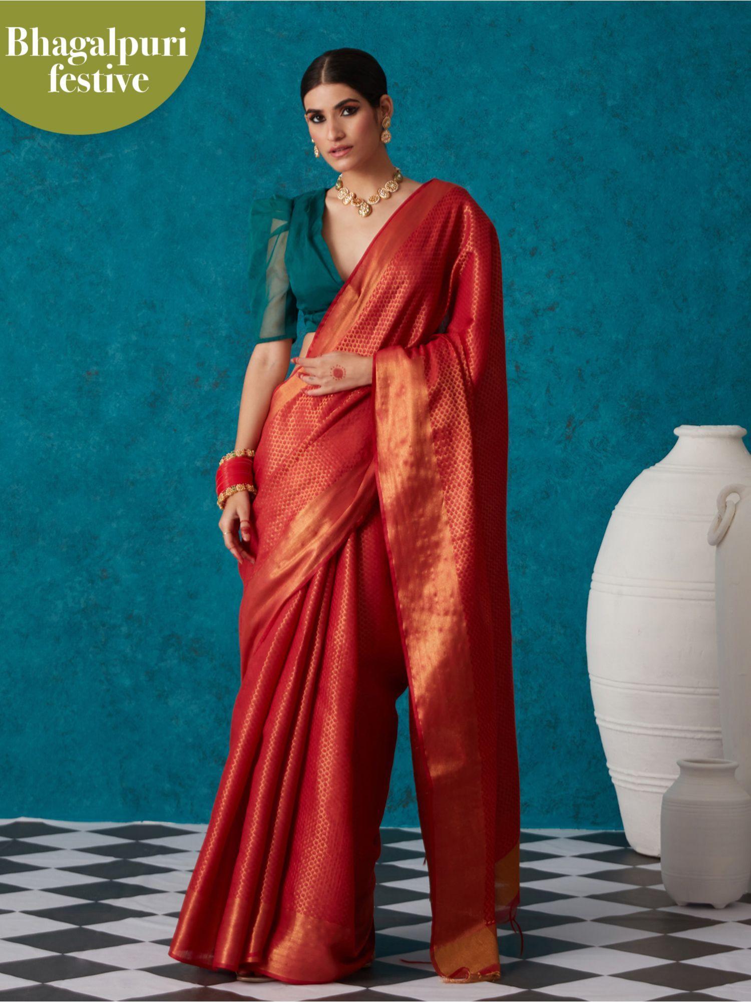 red linen woven bhagalpuri festive zari saree & unstitched blouse liksar54 (free size)