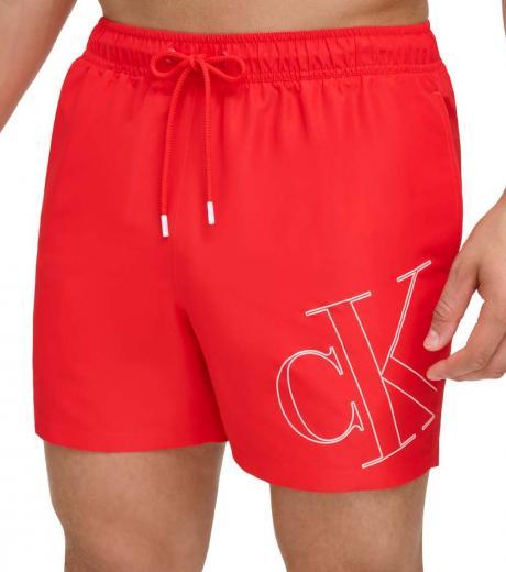 red logo print swim trunks