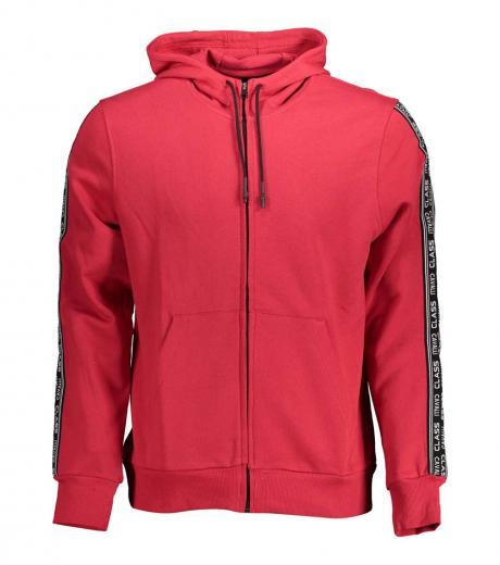 red logo strip details zip hoodie